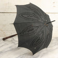 Lot 016 - Antique Petite Size Black Beaded Parasol Umbrella With Carved Wooden Handle, Note Holes, Wear, Overall Length 22-1/4"