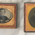 Lot 071 - Pair Of Antique 1/9th Plate Cased Images Including Hidden Mother Ruby Ambrotype With Young Child And Very Dark Tintype Of A Woman, In Half Leatherette Union Cases
