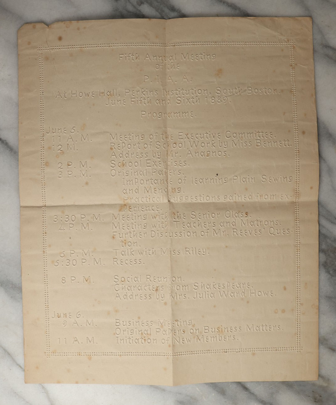 Lot 092 - Antique Program And Agenda For The Fifth Annual Meeting Of The P.I.A.A. At The Perkins Institution For The Blind (Now Perkins School For The Blind), June 5th And 6th, 1889, With Raised Lettering, Held At How Hall, South Boston