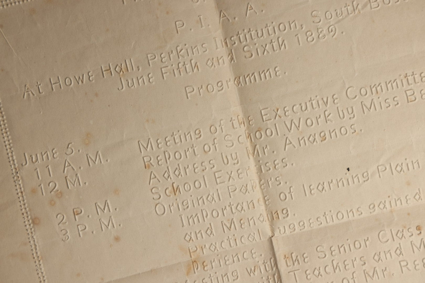 Lot 092 - Antique Program And Agenda For The Fifth Annual Meeting Of The P.I.A.A. At The Perkins Institution For The Blind (Now Perkins School For The Blind), June 5th And 6th, 1889, With Raised Lettering, Held At How Hall, South Boston