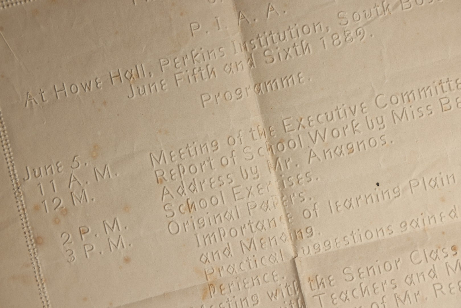 Lot 092 - Antique Program And Agenda For The Fifth Annual Meeting Of The P.I.A.A. At The Perkins Institution For The Blind (Now Perkins School For The Blind), June 5th And 6th, 1889, With Raised Lettering, Held At How Hall, South Boston