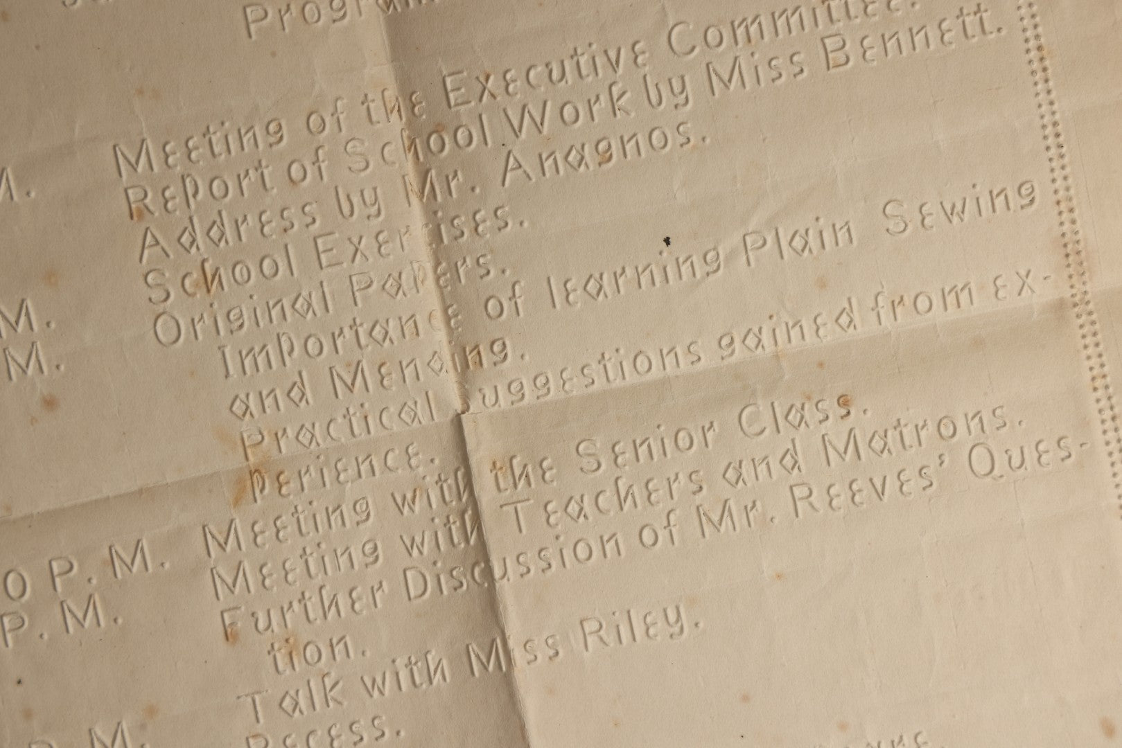 Lot 092 - Antique Program And Agenda For The Fifth Annual Meeting Of The P.I.A.A. At The Perkins Institution For The Blind (Now Perkins School For The Blind), June 5th And 6th, 1889, With Raised Lettering, Held At How Hall, South Boston