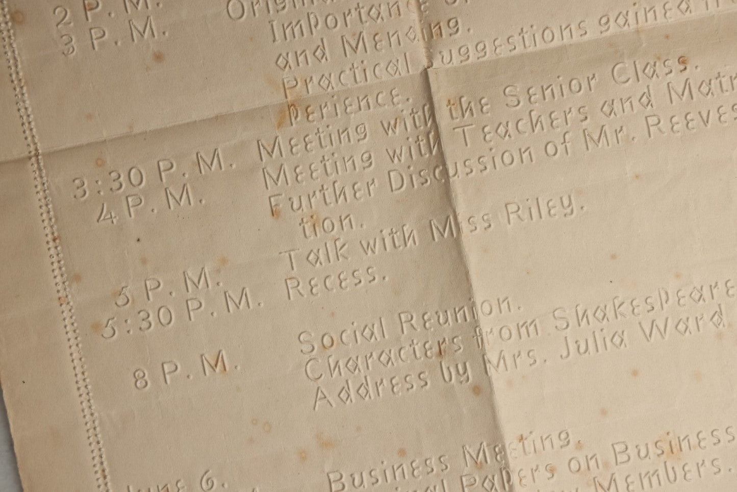 Lot 092 - Antique Program And Agenda For The Fifth Annual Meeting Of The P.I.A.A. At The Perkins Institution For The Blind (Now Perkins School For The Blind), June 5th And 6th, 1889, With Raised Lettering, Held At How Hall, South Boston