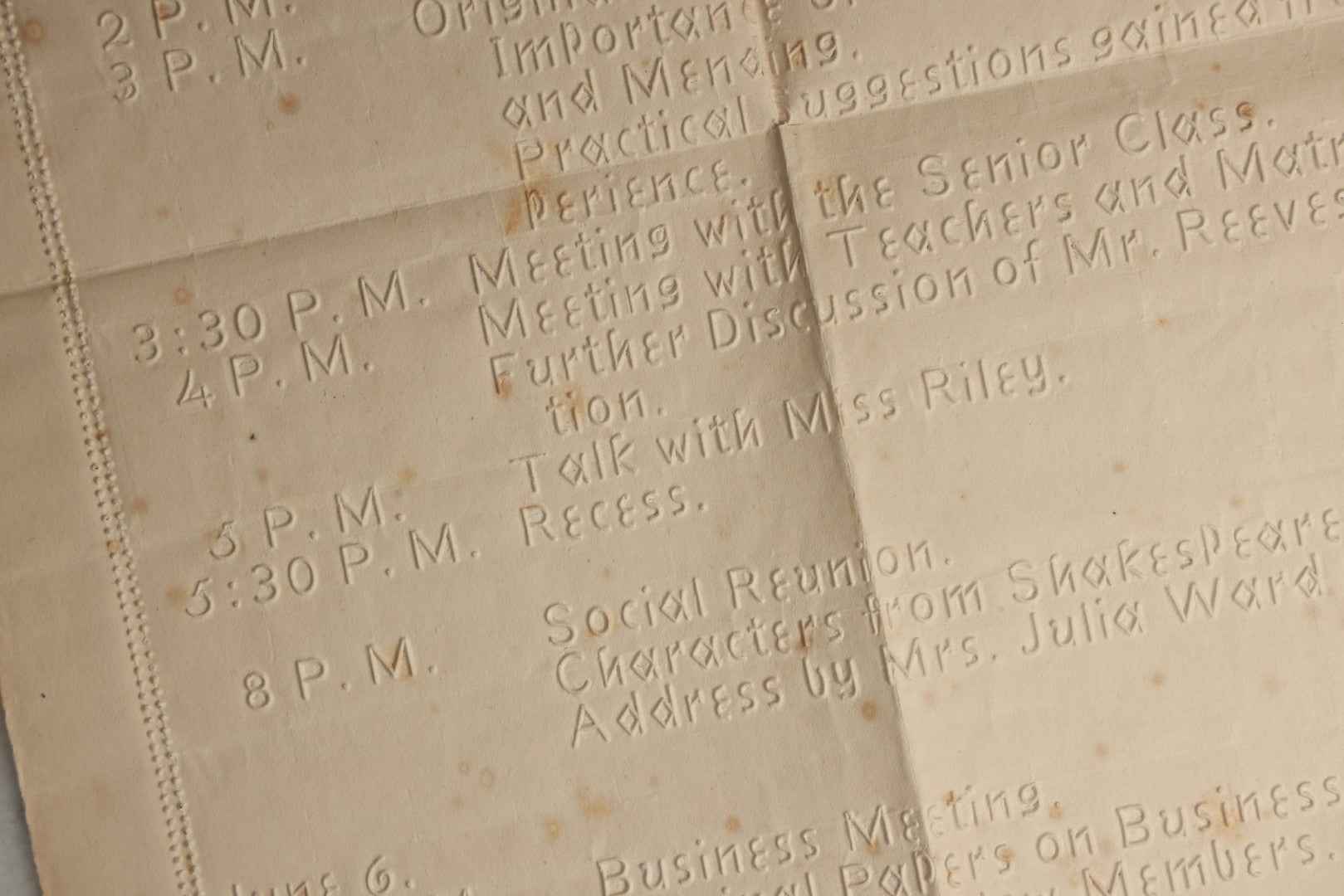 Lot 092 - Antique Program And Agenda For The Fifth Annual Meeting Of The P.I.A.A. At The Perkins Institution For The Blind (Now Perkins School For The Blind), June 5th And 6th, 1889, With Raised Lettering, Held At How Hall, South Boston