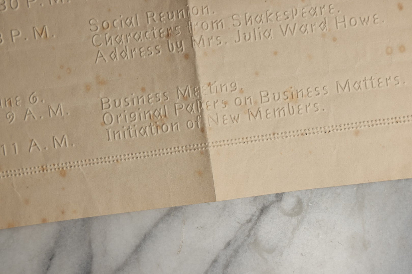 Lot 092 - Antique Program And Agenda For The Fifth Annual Meeting Of The P.I.A.A. At The Perkins Institution For The Blind (Now Perkins School For The Blind), June 5th And 6th, 1889, With Raised Lettering, Held At How Hall, South Boston
