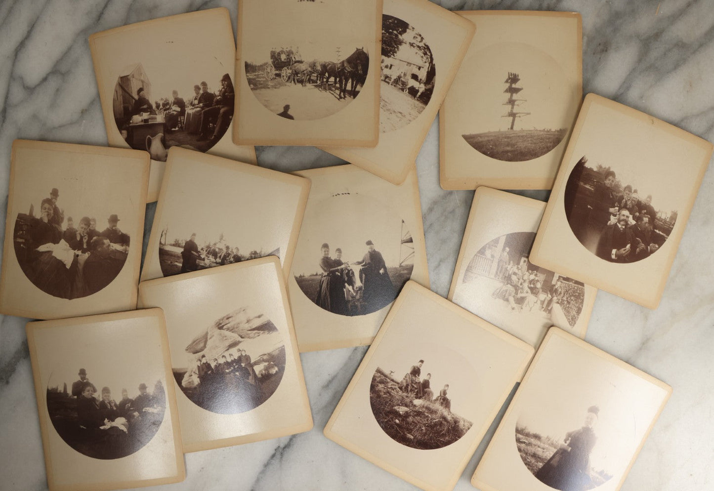 Lot 097 - Grouping Of Thirteen Antique Boarded Photographs / Small Sized Cabinet Cards Of A Group Of People Enjoying A Picnic Outing, Including Photos On Horse Drawn Carriage, With Cow, Etc.