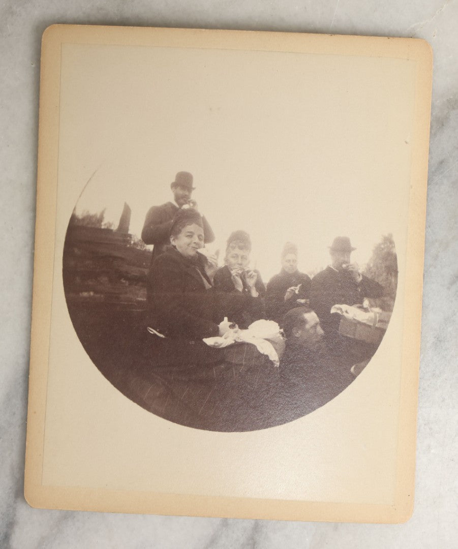Lot 097 - Grouping Of Thirteen Antique Boarded Photographs / Small Sized Cabinet Cards Of A Group Of People Enjoying A Picnic Outing, Including Photos On Horse Drawn Carriage, With Cow, Etc.