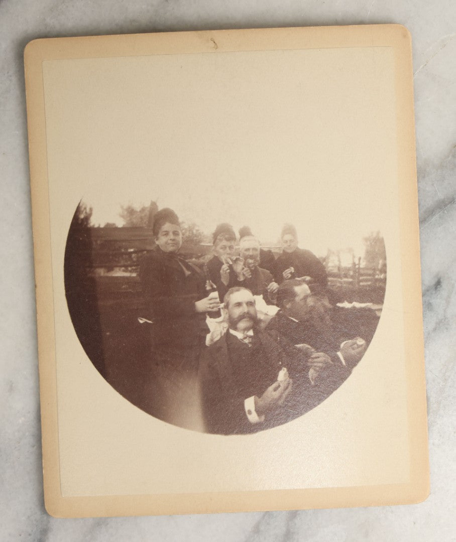 Lot 097 - Grouping Of Thirteen Antique Boarded Photographs / Small Sized Cabinet Cards Of A Group Of People Enjoying A Picnic Outing, Including Photos On Horse Drawn Carriage, With Cow, Etc.