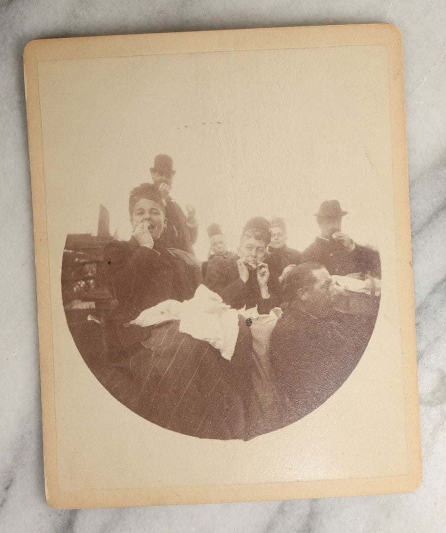 Lot 097 - Grouping Of Thirteen Antique Boarded Photographs / Small Sized Cabinet Cards Of A Group Of People Enjoying A Picnic Outing, Including Photos On Horse Drawn Carriage, With Cow, Etc.