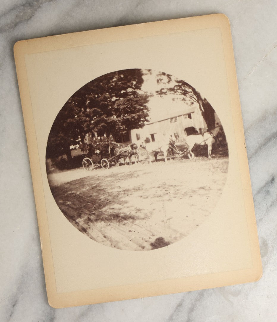 Lot 097 - Grouping Of Thirteen Antique Boarded Photographs / Small Sized Cabinet Cards Of A Group Of People Enjoying A Picnic Outing, Including Photos On Horse Drawn Carriage, With Cow, Etc.
