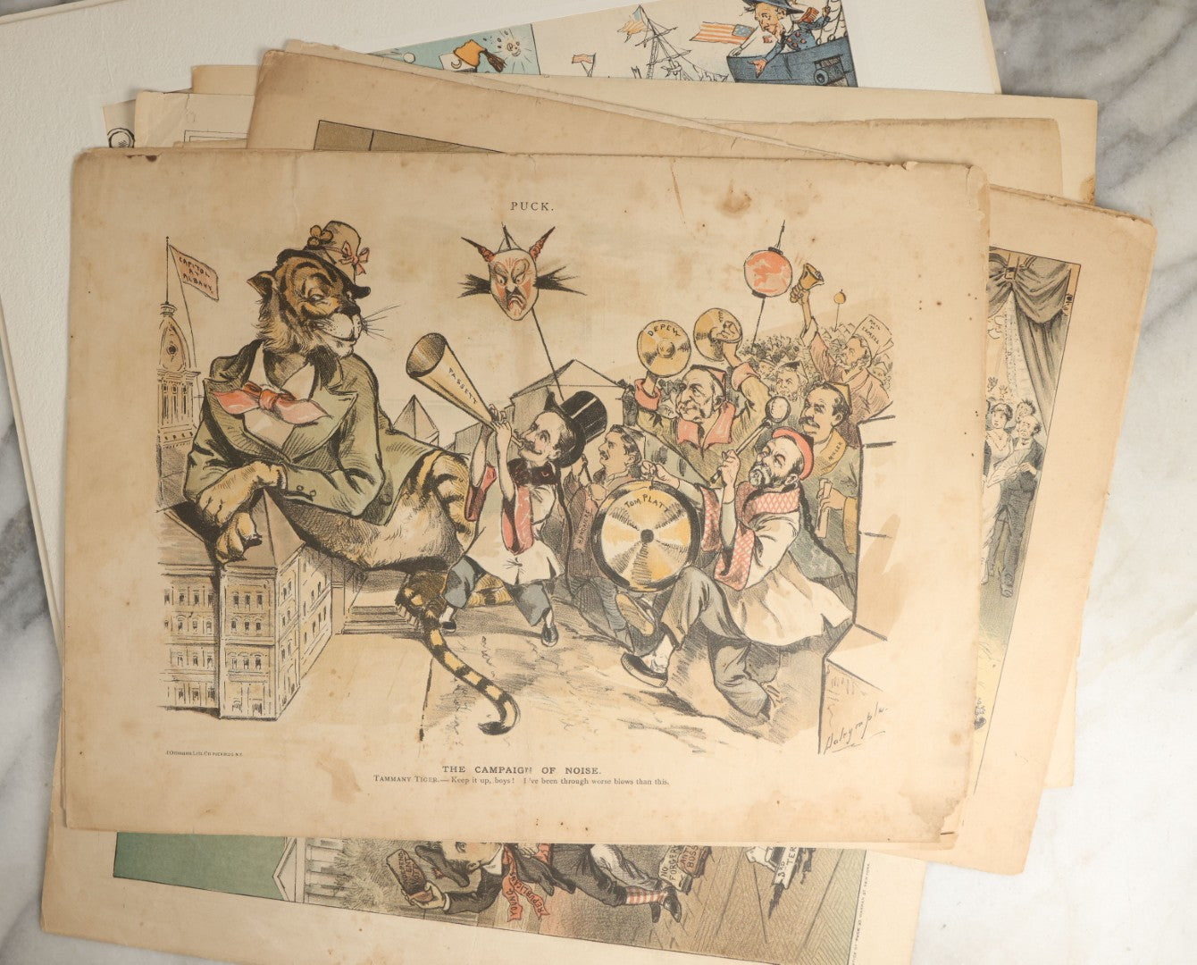 Lot 099 - Grouping Of Eleven Antique Prints From Puck Magazine, Late 19th Century, With Many Satirical, Political Subjects
