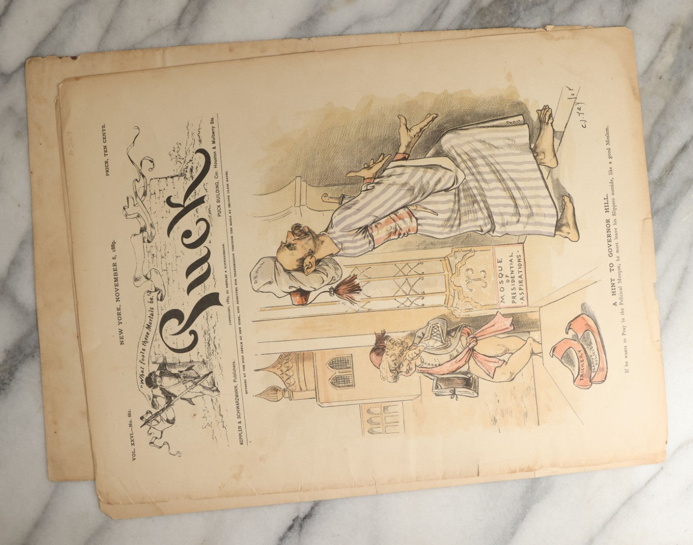 Lot 099 - Grouping Of Eleven Antique Prints From Puck Magazine, Late 19th Century, With Many Satirical, Political Subjects