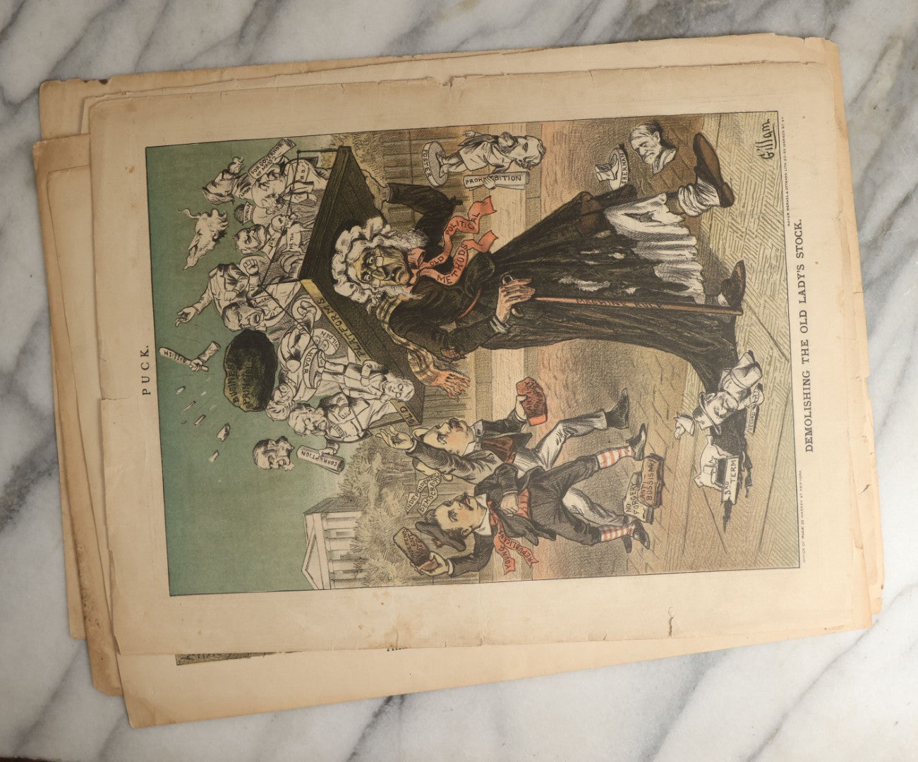 Lot 099 - Grouping Of Eleven Antique Prints From Puck Magazine, Late 19th Century, With Many Satirical, Political Subjects