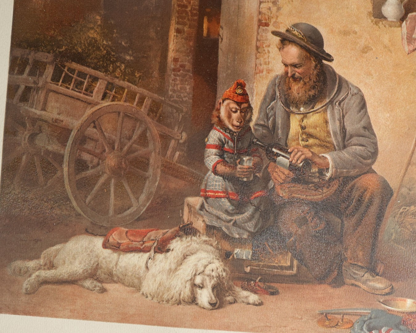 Lot 100 - Grouping Of Four Antique Chromolithograph Prints Including Monkey And Dog, Children, Etc.