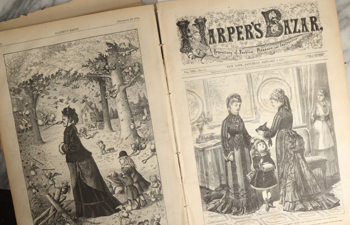 Lot 102 - Antique Harper's Bazaar Magazine Bound Compendium With Many Illustrations, Circa 1870s, Poor Craft Grade Condition