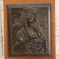 Lot 069 - Vintage "Our Lady Of Perpetual Succor" Virgin Mary Holding Baby Jesus Cast Metal Relief Plaque, Greek Icon Style, On Wood Panel