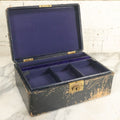Lot 013 - Antique Leather Covered Black Jewelry Box With Purple Interior And Lift-Top Tray With Ring Holder