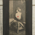 Lot 016 - Antique Print Of Fencing Woman With Heart On Chest Shirt In Original Frame With Gesso Fencing Swords, Mask And Gloves, Note Loss To Gesso