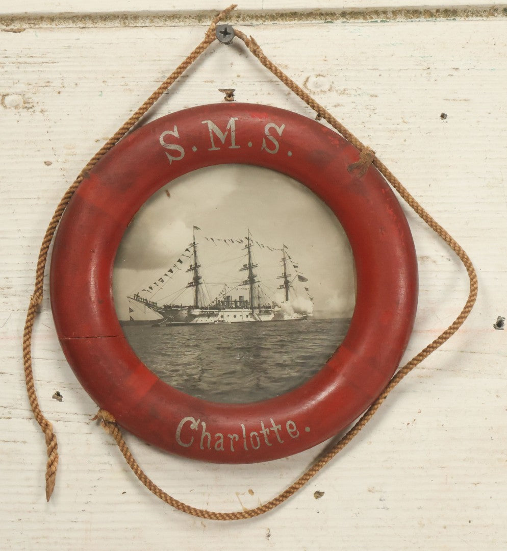 Lot 017 - Antique S.M.S. Charlotte Nautical Ship Photograph, Carl Speck, Photographer, Kiel, Germany, 1902, In Folk Art Life Preserver Frame