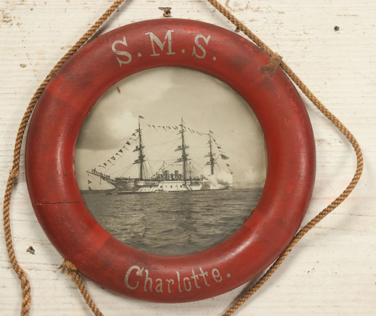 Lot 017 - Antique S.M.S. Charlotte Nautical Ship Photograph, Carl Speck, Photographer, Kiel, Germany, 1902, In Folk Art Life Preserver Frame