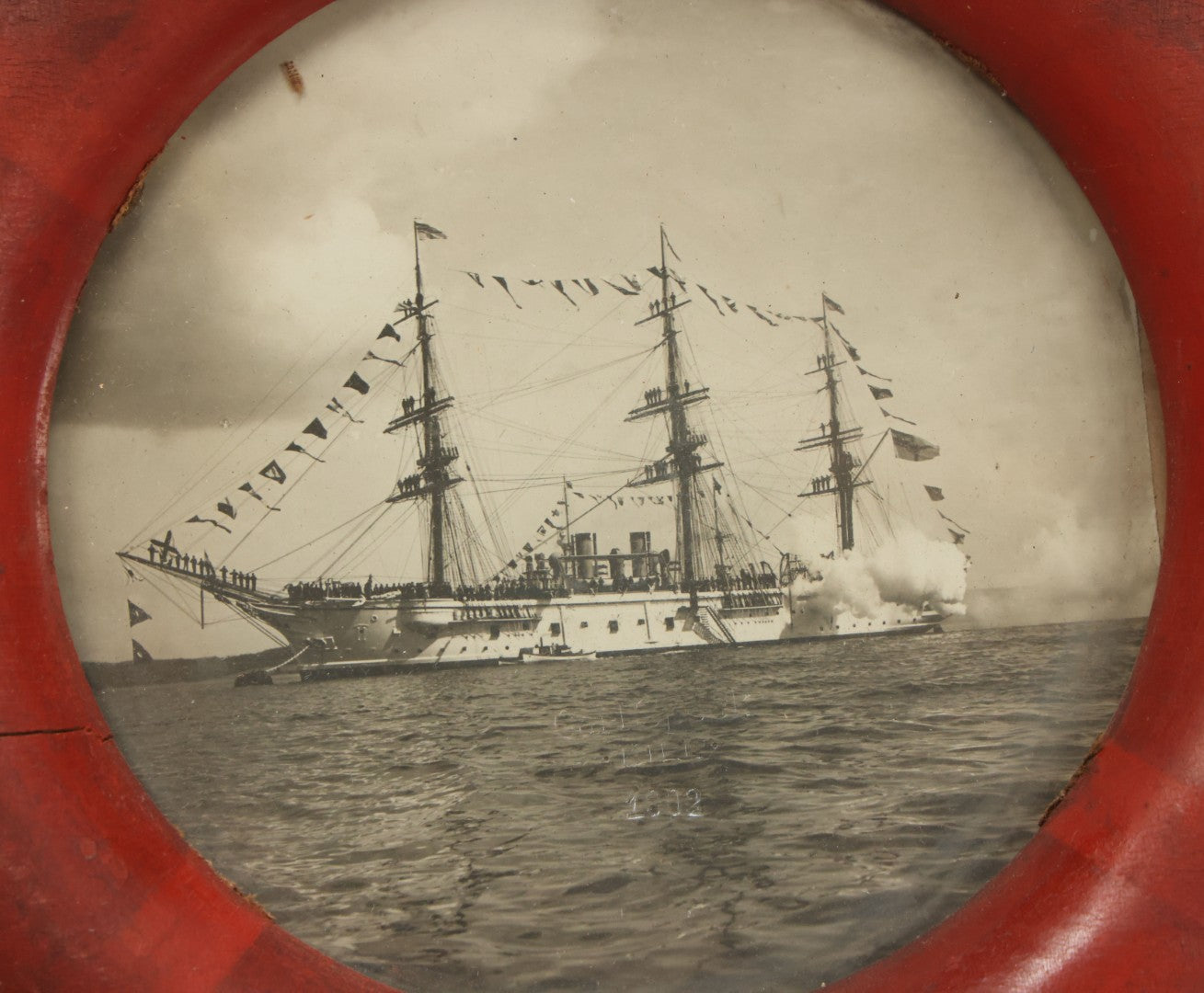 Lot 017 - Antique S.M.S. Charlotte Nautical Ship Photograph, Carl Speck, Photographer, Kiel, Germany, 1902, In Folk Art Life Preserver Frame