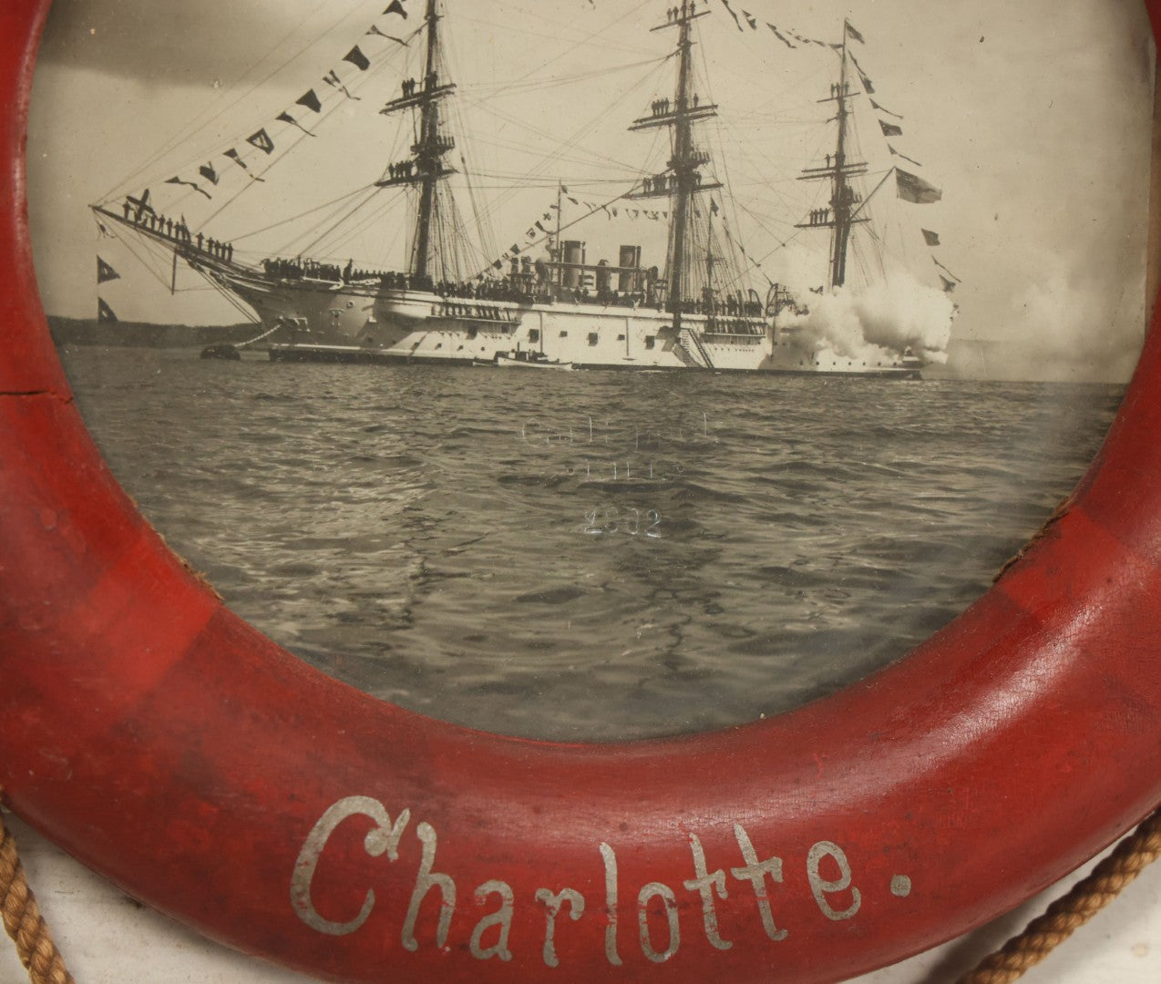Lot 017 - Antique S.M.S. Charlotte Nautical Ship Photograph, Carl Speck, Photographer, Kiel, Germany, 1902, In Folk Art Life Preserver Frame