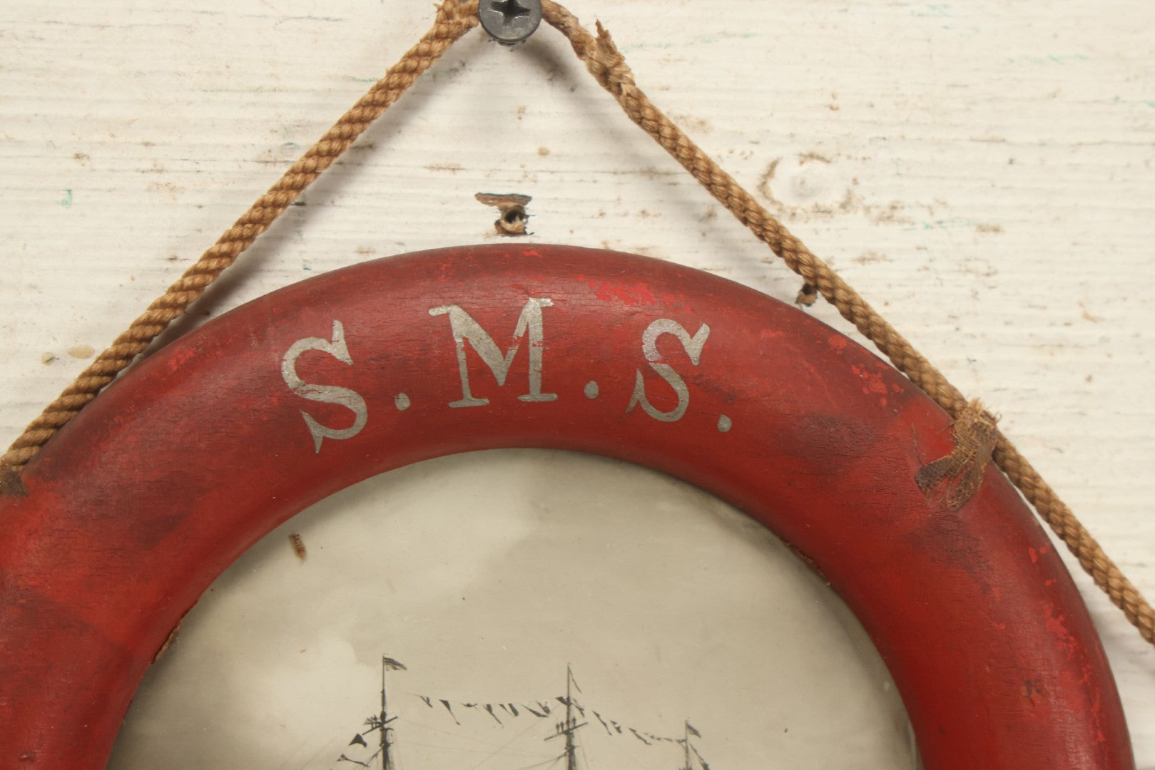 Lot 017 - Antique S.M.S. Charlotte Nautical Ship Photograph, Carl Speck, Photographer, Kiel, Germany, 1902, In Folk Art Life Preserver Frame