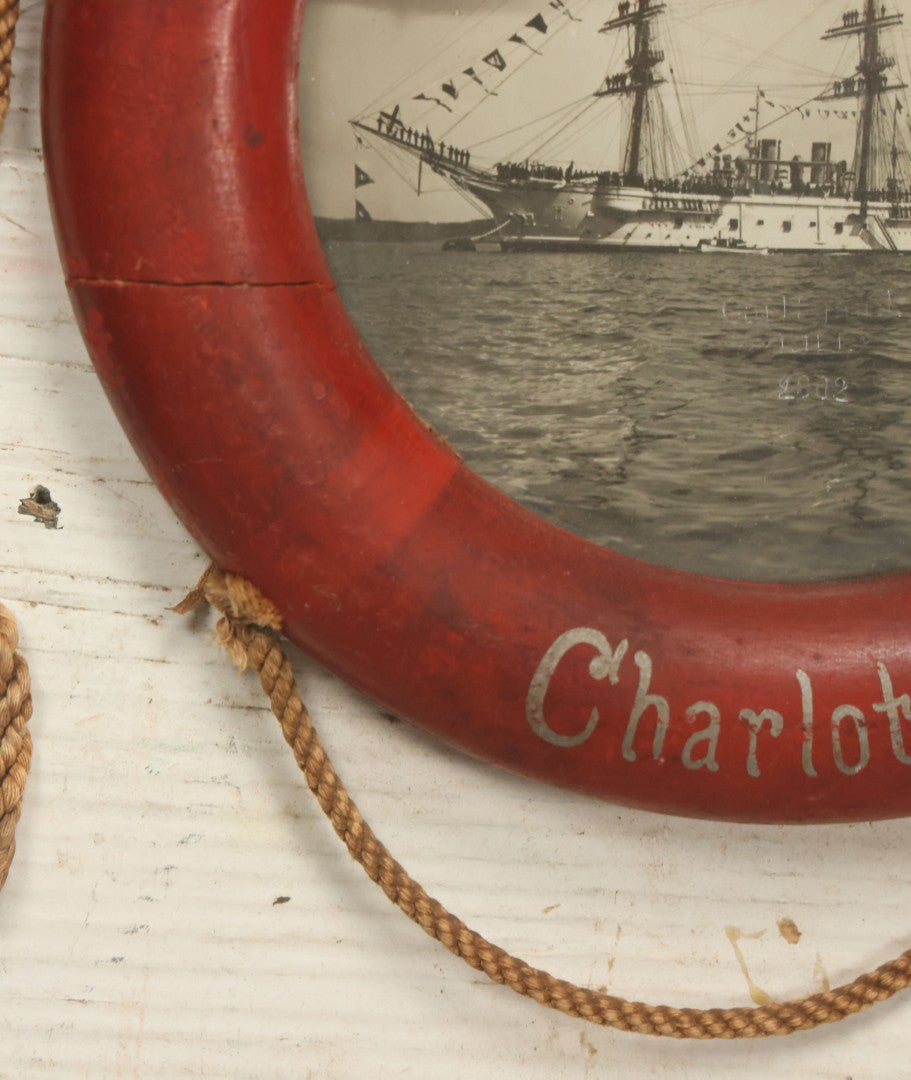 Lot 017 - Antique S.M.S. Charlotte Nautical Ship Photograph, Carl Speck, Photographer, Kiel, Germany, 1902, In Folk Art Life Preserver Frame