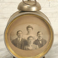 Lot 019 - Antique Repurposed Brass Alarm Clock Photo Frame With Family Photograph Of Two Men And Two Women, As Found