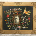 Lot 027 - Antique Folk Art Marriage Commemoration Floral Embroidery With Bird And Photograph Of Married Couple At Center, In Frame
