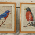 Lot 030 - Pair Of Vintage Hand Painted Birds On Birch Bark, With Bluebird And Red Robin