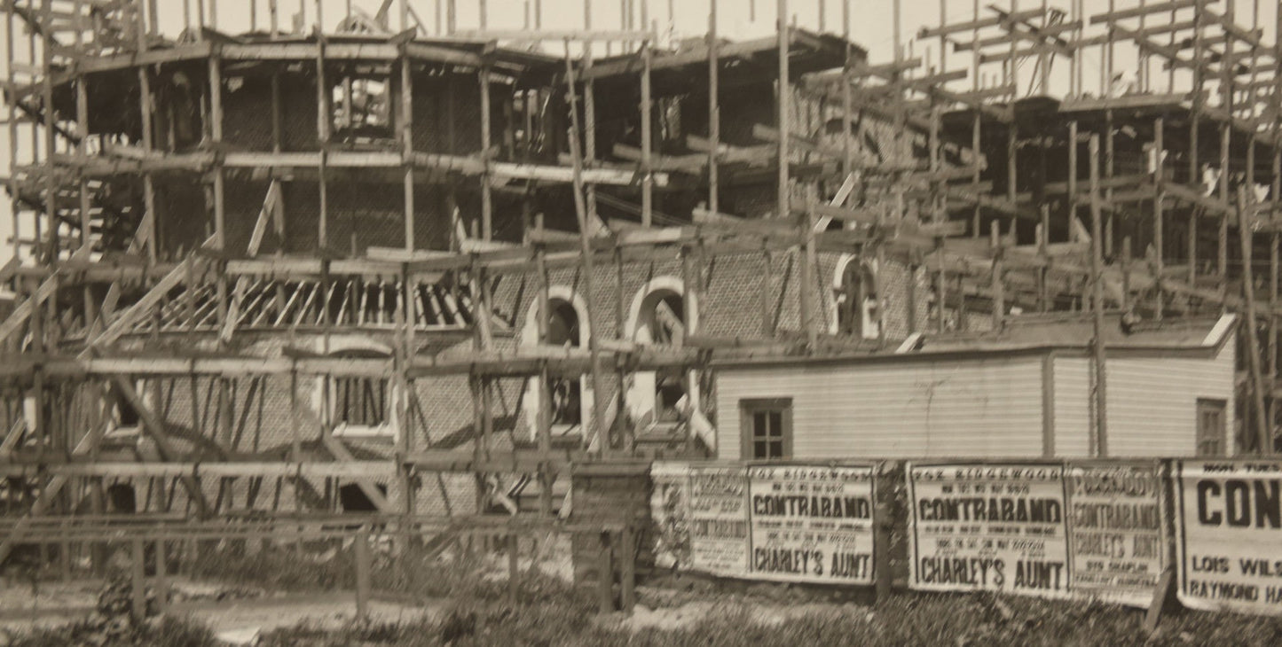 Lot 100 - Single Antique Boarded Photo Depicting A Building Under Construction, Possibly A Church In Queens, New York, With Posters Advertising The Fox Ridgewood Theater, Photo Marked "Condition Of Operations, May 19, 1925"