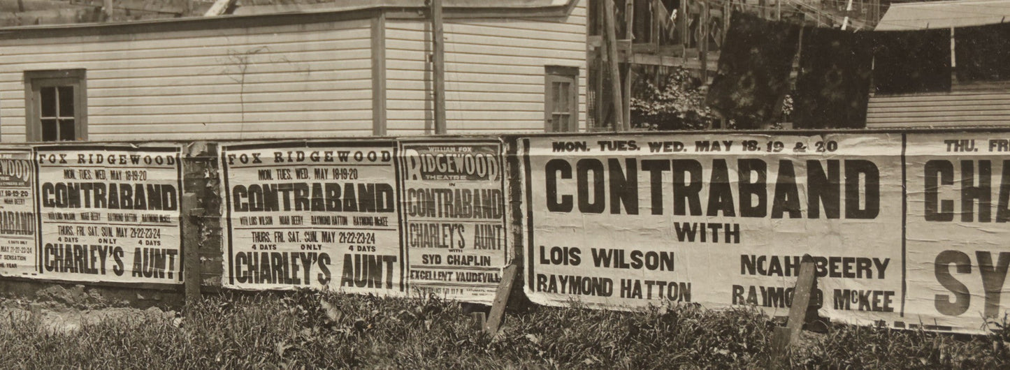 Lot 100 - Single Antique Boarded Photo Depicting A Building Under Construction, Possibly A Church In Queens, New York, With Posters Advertising The Fox Ridgewood Theater, Photo Marked "Condition Of Operations, May 19, 1925"