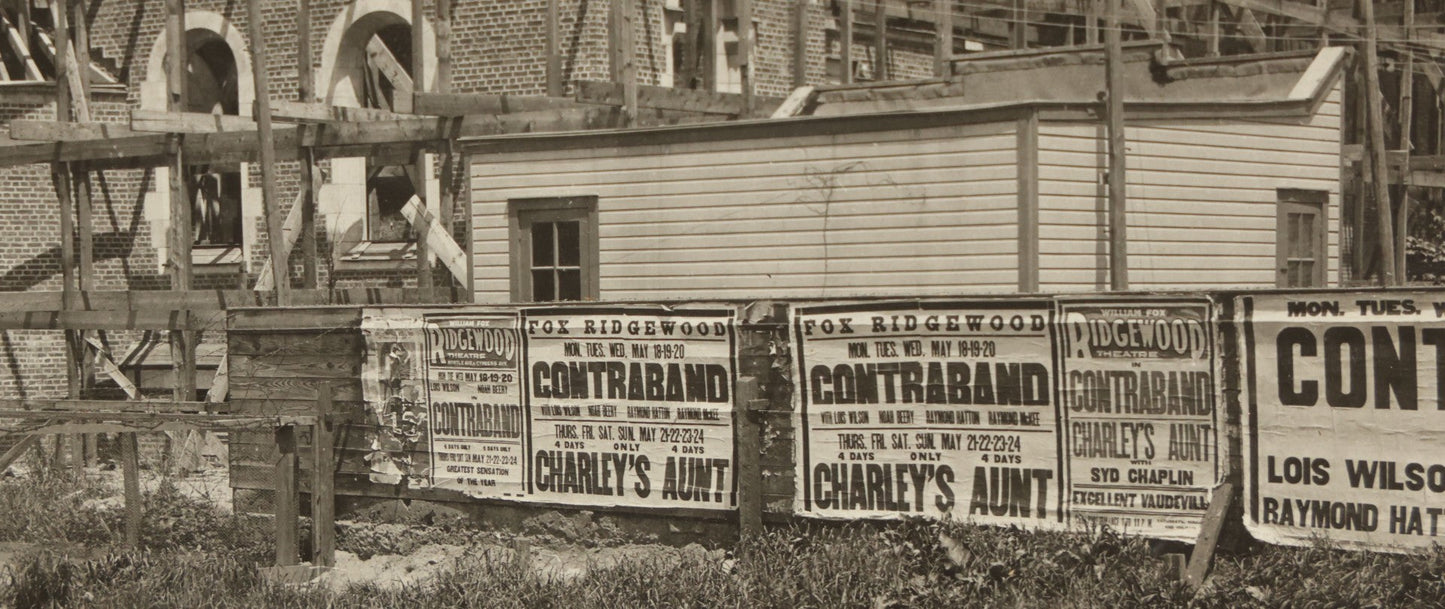 Lot 100 - Single Antique Boarded Photo Depicting A Building Under Construction, Possibly A Church In Queens, New York, With Posters Advertising The Fox Ridgewood Theater, Photo Marked "Condition Of Operations, May 19, 1925"