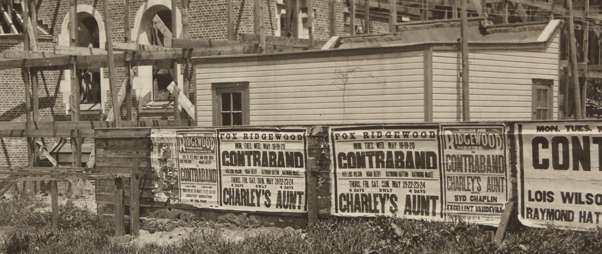 Lot 100 - Single Antique Boarded Photo Depicting A Building Under Construction, Possibly A Church In Queens, New York, With Posters Advertising The Fox Ridgewood Theater, Photo Marked "Condition Of Operations, May 19, 1925"