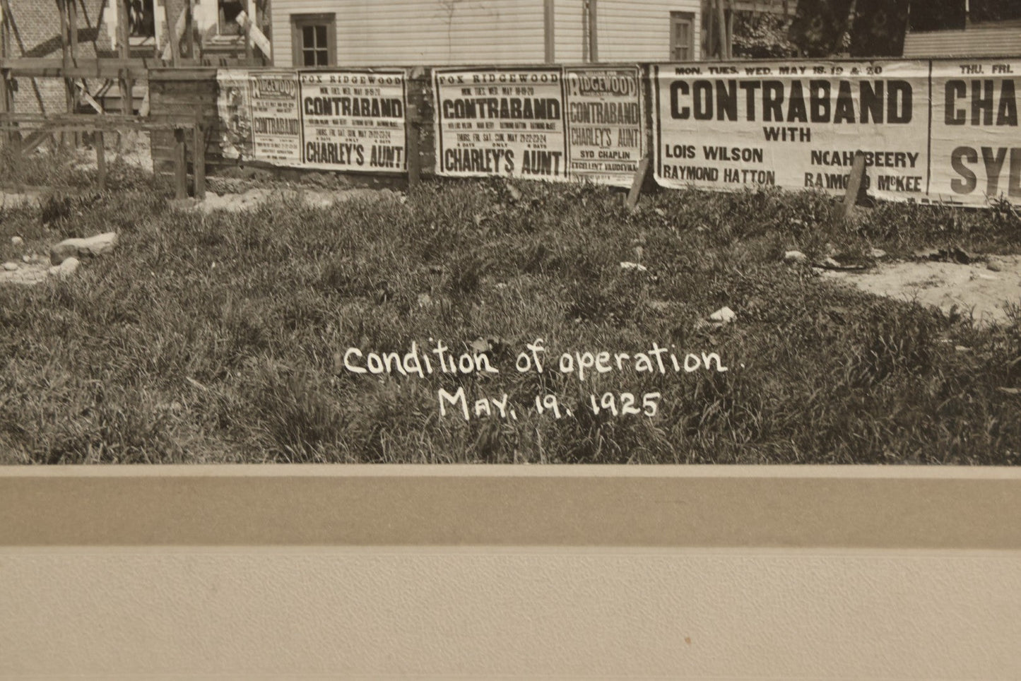 Lot 100 - Single Antique Boarded Photo Depicting A Building Under Construction, Possibly A Church In Queens, New York, With Posters Advertising The Fox Ridgewood Theater, Photo Marked "Condition Of Operations, May 19, 1925"