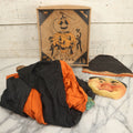 Lot 006 - Vintage Masquerade Halloween Costume In Cardboard Box With Halloween Party, Witch Graphics, Including Mask, Hat, And Costume