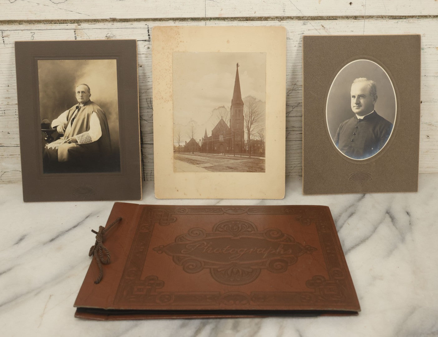 Lot 105 - Grouping Of Three Antique Photographs Including Two Priests, A Church, And A Photo Album With Assorted Snapshot Photographs