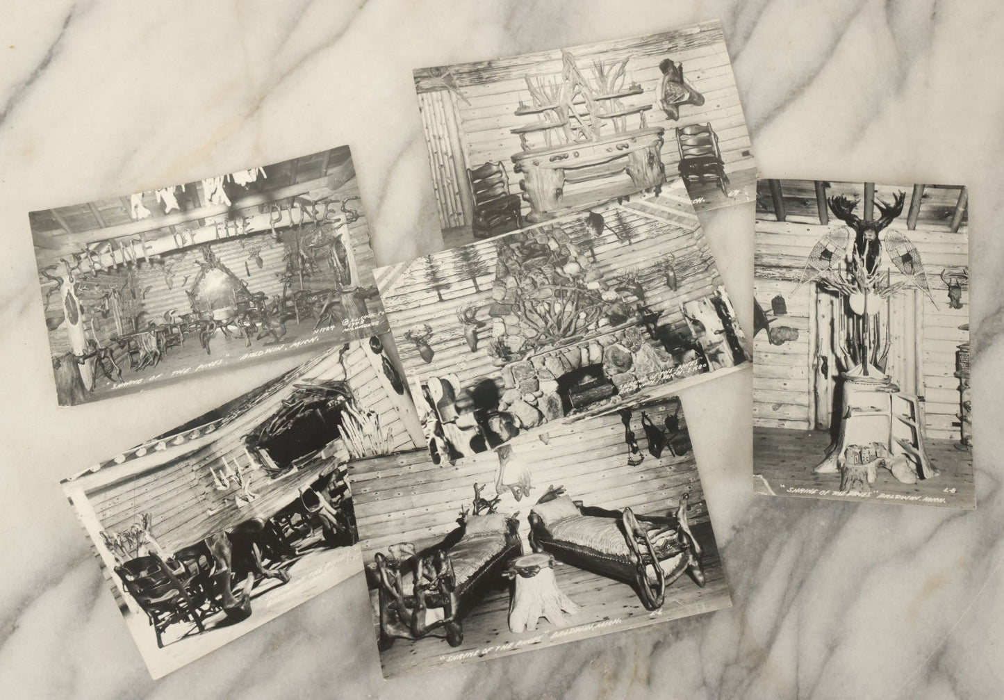 Lot 121 - Grouping Of Six Vintage Souvenir Photo Postcards Of "Shrine Of The Pines," Baldwin, Michigan, Depicting A Hunting Lodge With Taxidermy, Antlers, Etc., Printed By The L.L. Cook Co., Milwaukee, Wisconsin