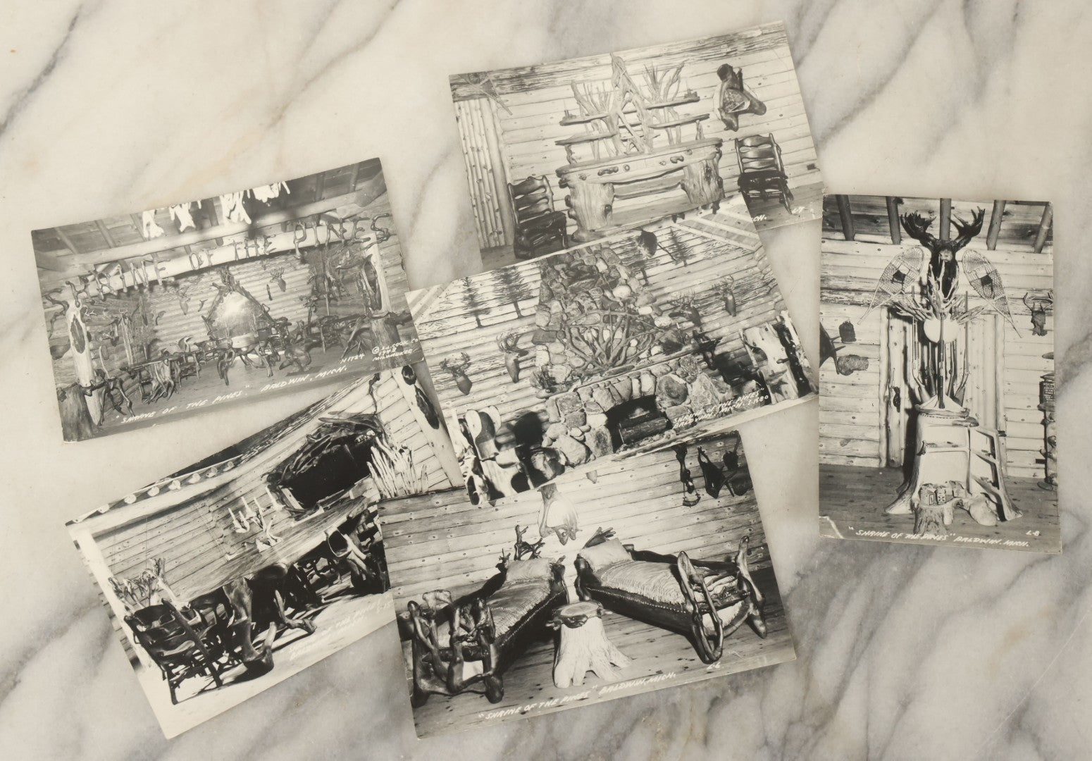 Lot 121 - Grouping Of Six Vintage Souvenir Photo Postcards Of "Shrine Of The Pines," Baldwin, Michigan, Depicting A Hunting Lodge With Taxidermy, Antlers, Etc., Printed By The L.L. Cook Co., Milwaukee, Wisconsin