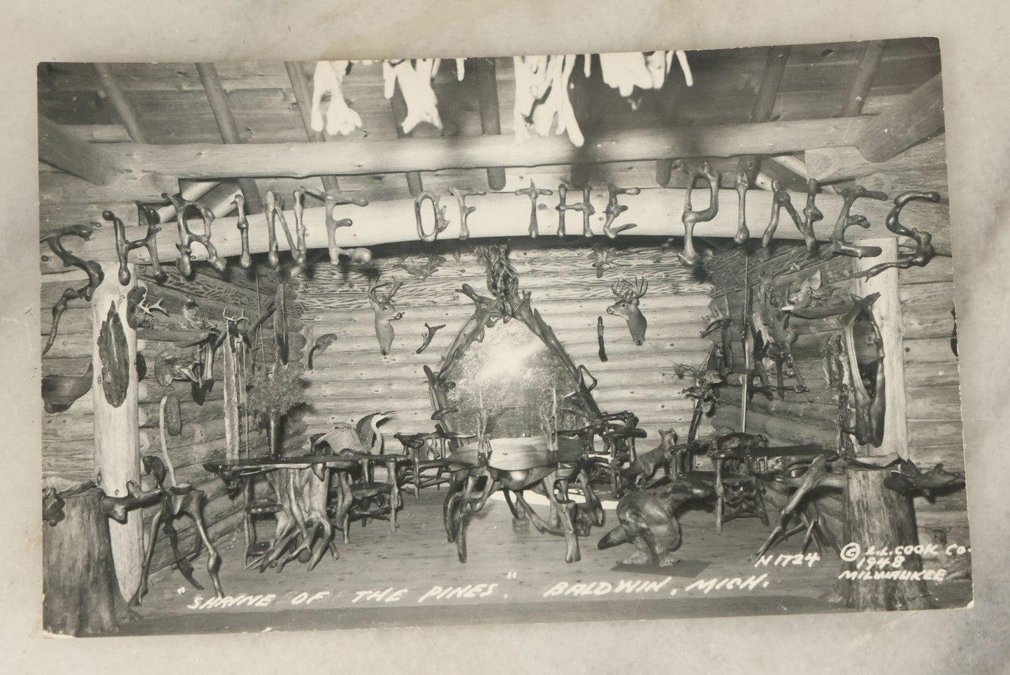 Lot 121 - Grouping Of Six Vintage Souvenir Photo Postcards Of "Shrine Of The Pines," Baldwin, Michigan, Depicting A Hunting Lodge With Taxidermy, Antlers, Etc., Printed By The L.L. Cook Co., Milwaukee, Wisconsin