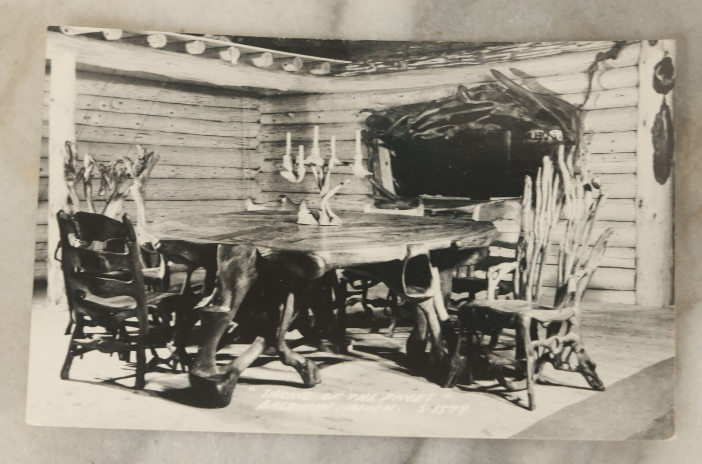 Lot 121 - Grouping Of Six Vintage Souvenir Photo Postcards Of "Shrine Of The Pines," Baldwin, Michigan, Depicting A Hunting Lodge With Taxidermy, Antlers, Etc., Printed By The L.L. Cook Co., Milwaukee, Wisconsin