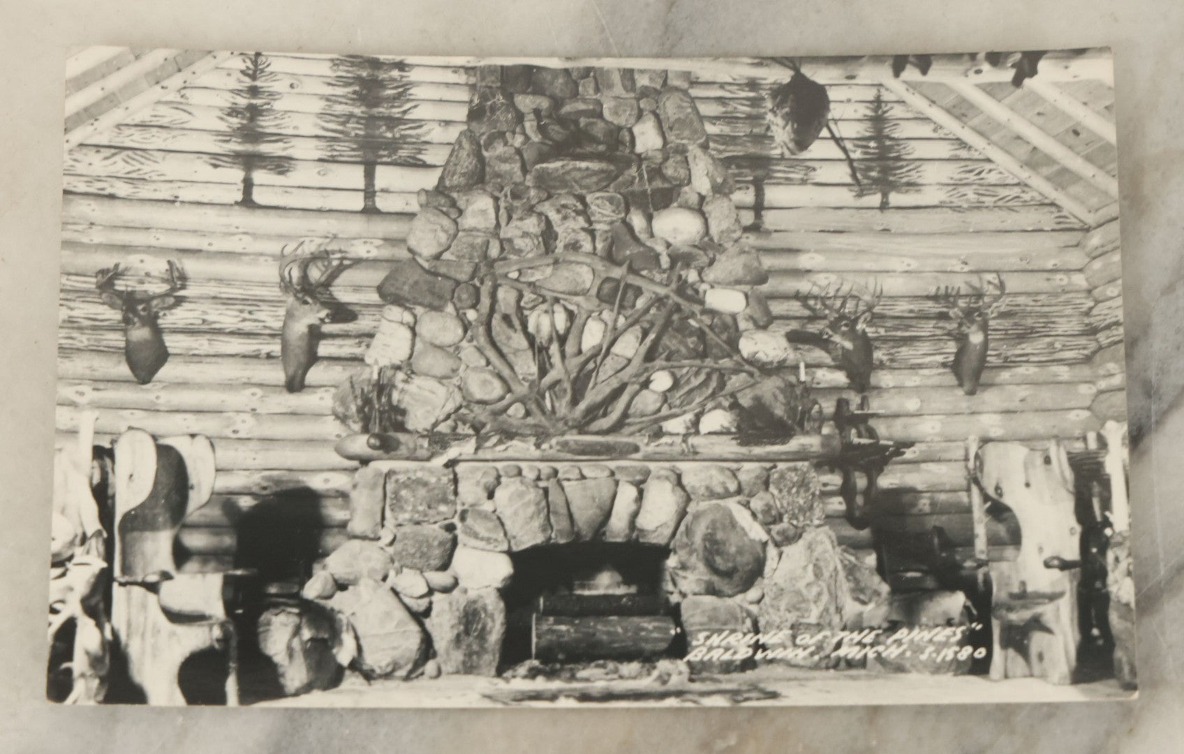 Lot 121 - Grouping Of Six Vintage Souvenir Photo Postcards Of "Shrine Of The Pines," Baldwin, Michigan, Depicting A Hunting Lodge With Taxidermy, Antlers, Etc., Printed By The L.L. Cook Co., Milwaukee, Wisconsin