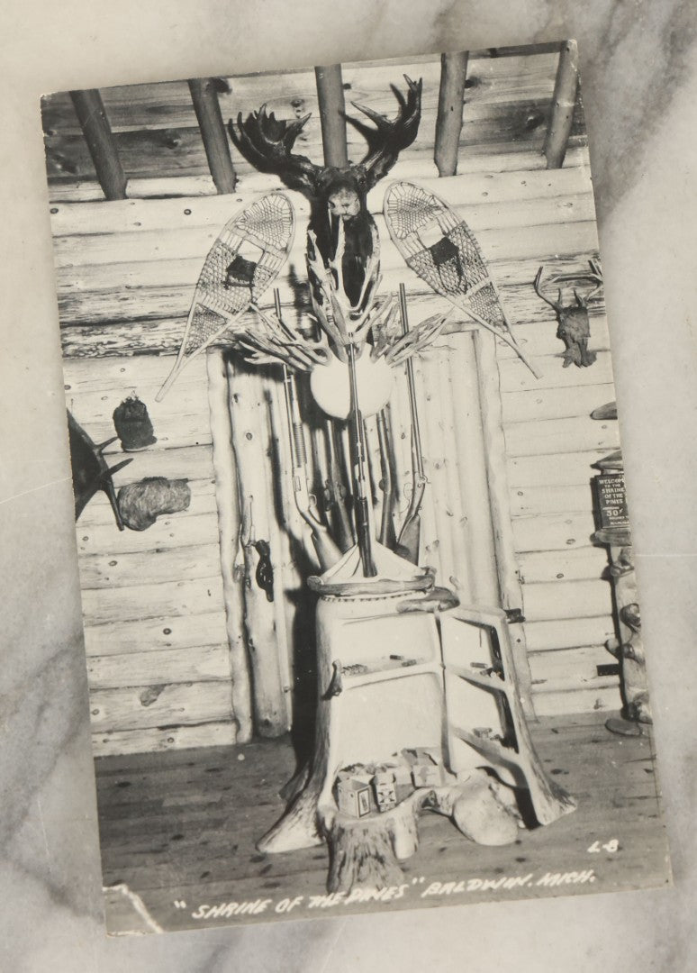 Lot 121 - Grouping Of Six Vintage Souvenir Photo Postcards Of "Shrine Of The Pines," Baldwin, Michigan, Depicting A Hunting Lodge With Taxidermy, Antlers, Etc., Printed By The L.L. Cook Co., Milwaukee, Wisconsin