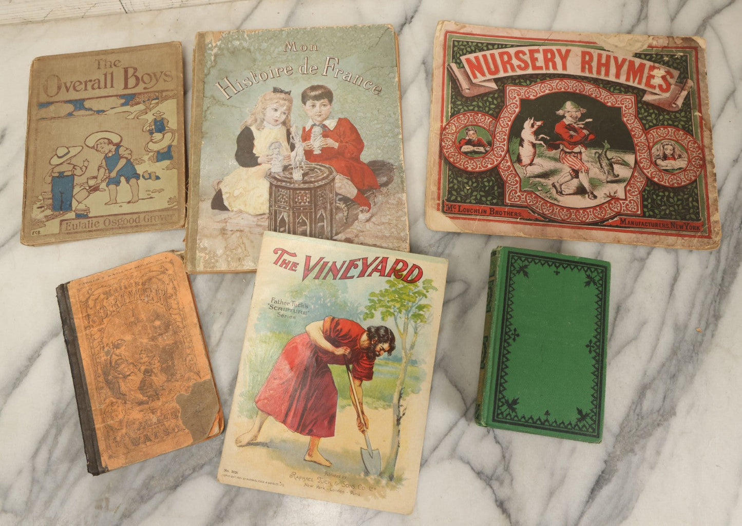Lot 139 - Grouping Of Six Antique Children's Books Including "Mon Histoire De France," "The Overall Boys," "The Vineyard," "Nursery Rhymes," And Others, Fair To Poor Condition 