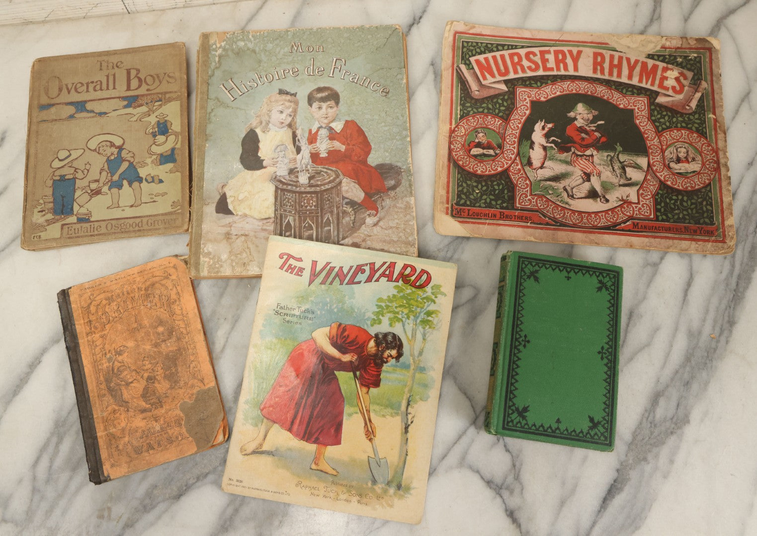 Lot 139 - Grouping Of Six Antique Children's Books Including "Mon Histoire De France," "The Overall Boys," "The Vineyard," "Nursery Rhymes," And Others, Fair To Poor Condition 