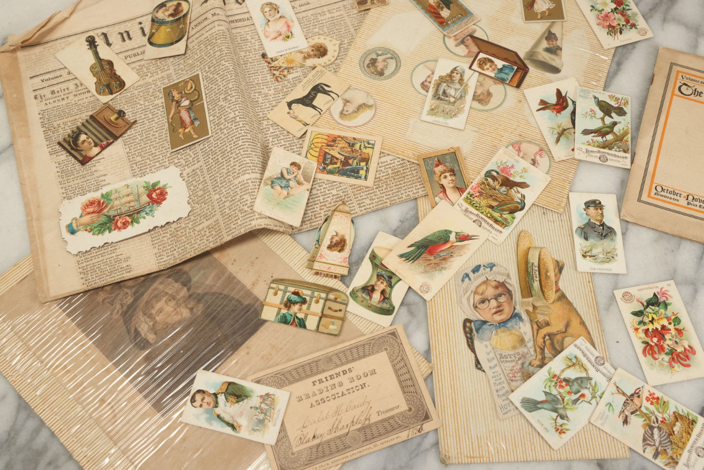 Lot 142 - Grouping Of Mixed Antique Ephemera As Found Including Early Hand Colored Winter Engraving, Friends' Reading Room Association Card, Numerous Tobacco Cards, Die Cuts, Etc., Approximately 35+ Pieces