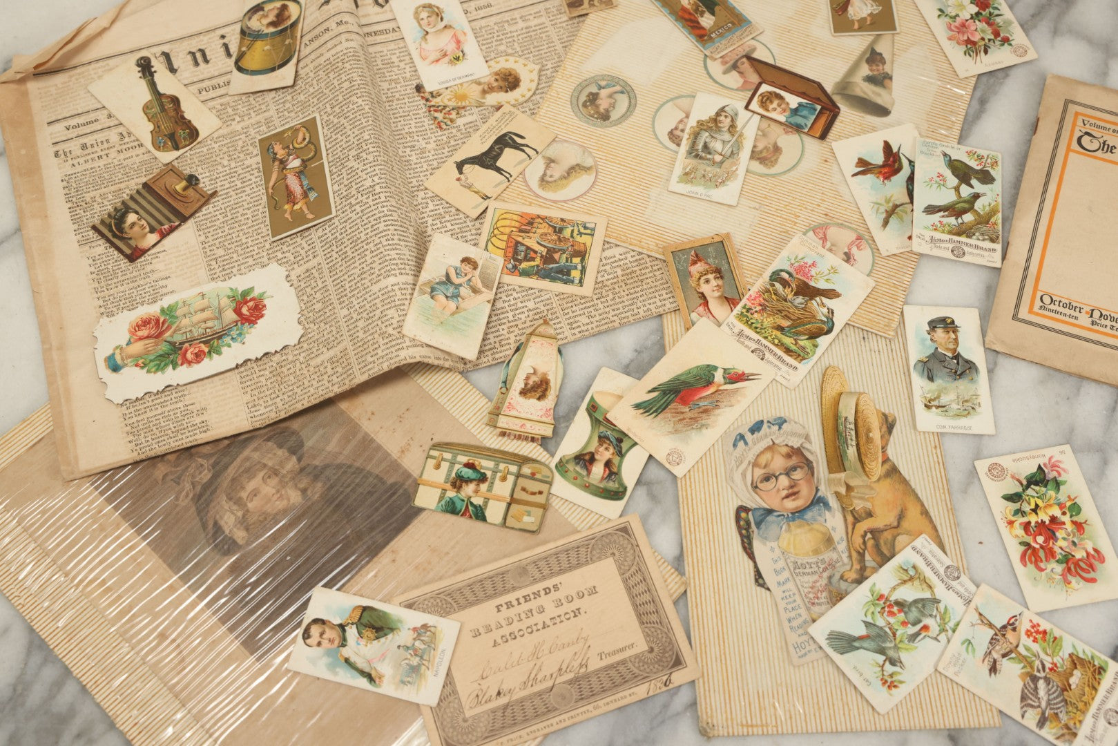 Lot 142 - Grouping Of Mixed Antique Ephemera As Found Including Early Hand Colored Winter Engraving, Friends' Reading Room Association Card, Numerous Tobacco Cards, Die Cuts, Etc., Approximately 35+ Pieces