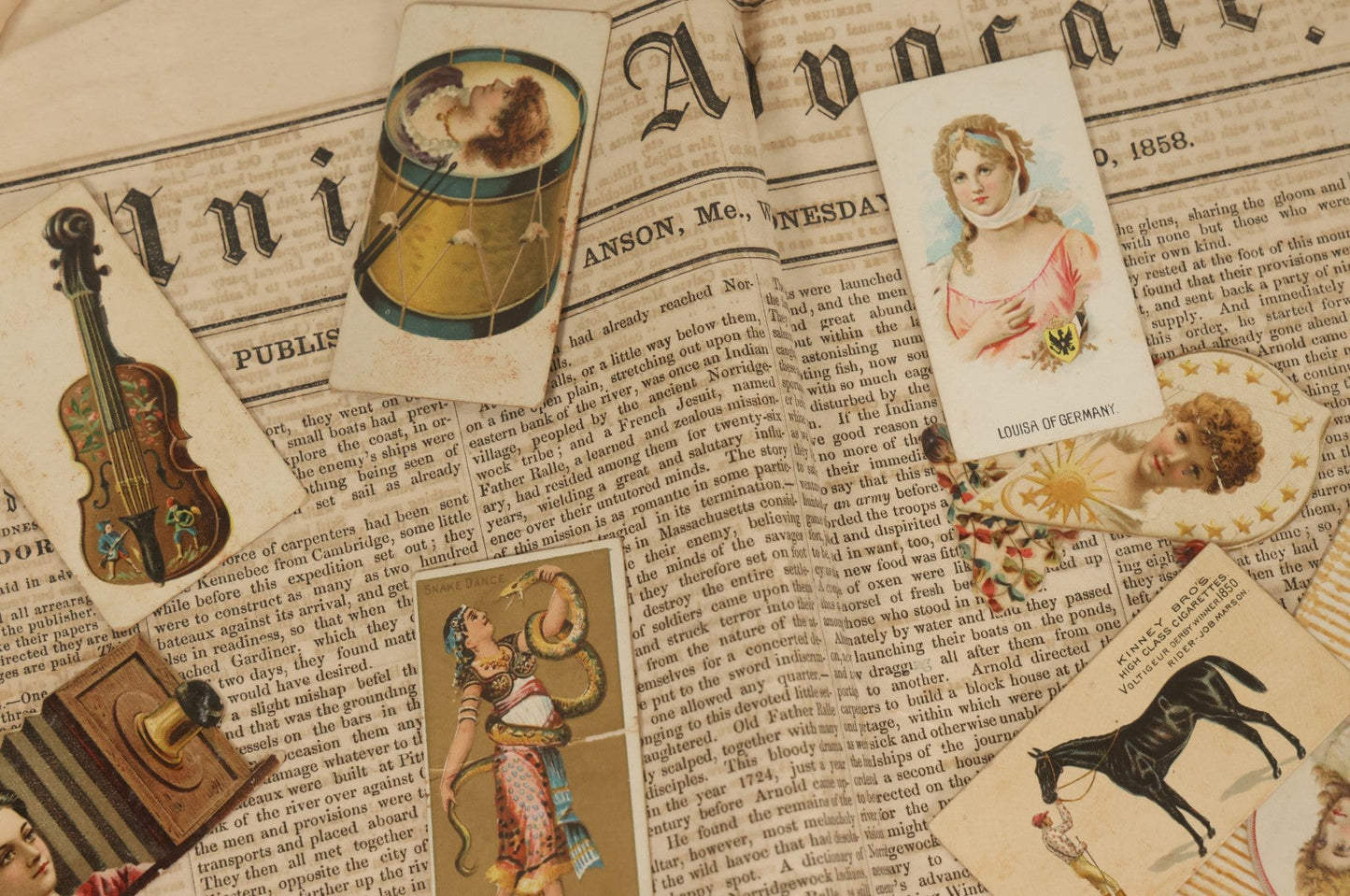 Lot 142 - Grouping Of Mixed Antique Ephemera As Found Including Early Hand Colored Winter Engraving, Friends' Reading Room Association Card, Numerous Tobacco Cards, Die Cuts, Etc., Approximately 35+ Pieces