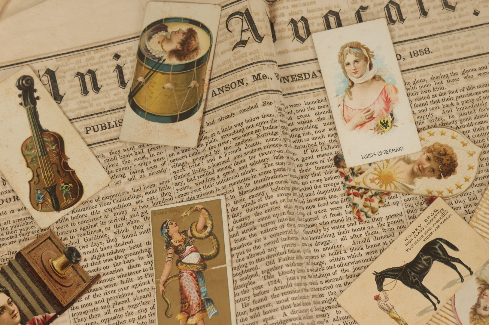 Lot 142 - Grouping Of Mixed Antique Ephemera As Found Including Early Hand Colored Winter Engraving, Friends' Reading Room Association Card, Numerous Tobacco Cards, Die Cuts, Etc., Approximately 35+ Pieces